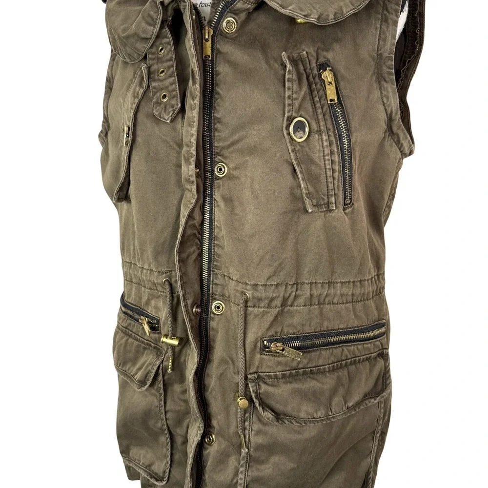 ZARA Woman Olive Utility Cargo Vest L Sleeveless Anorak Jacket Zip Pockets waist